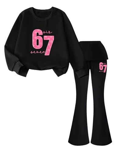 Image of OLMRJKD Girls 2 Piece Outfits Long Sleeve Letter Printed Sweatshirt & Flared Pants Fall Clothing Set Size 7-14 Years