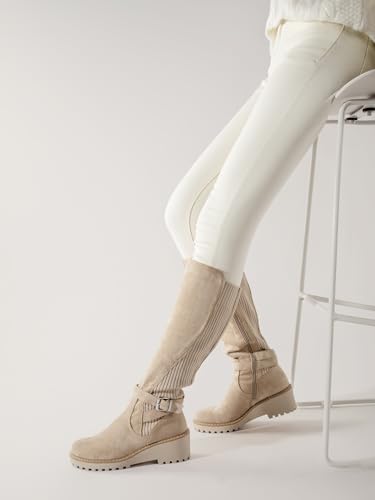 PODAIK Women's Knee High Boots Tall Fall Wedges Round Toe Comfortable Size Zip with Fashion Buckles Platform Shoes for Women(7,Khaki)