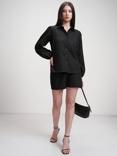 Image of Tokyo Talkies Elegant Bishop Sleeve Shirt & Shorts Co-ord Set | Chic & Effortless | Perfect for Casual & Semi-Formal Looks | Women Co-Ord Set | Co ord set for women