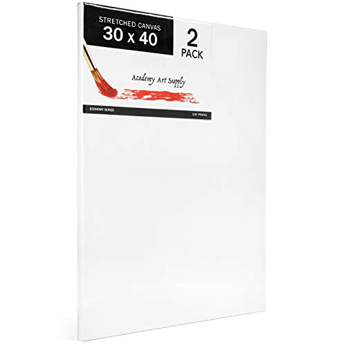 Academy Art Supply 30x40” Stretched White Blank Canvas, Value Pack of 2, Primed, 100% Cotton for Painting, Acrylic Pouring, Oil Paint & Wet Art Media, Canvases for Artist