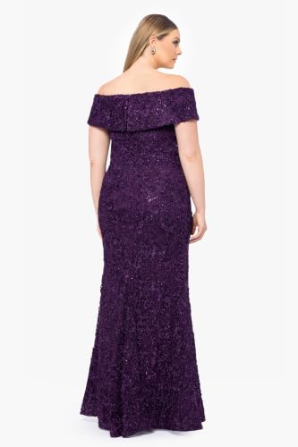 Image of Xscape Women's Plus Size Off The Shoulder Sequin & Lace Overlay Evening Gown with Sweetheart Neckline, Sheath Formal Dress, Mulberry Purple, 14W