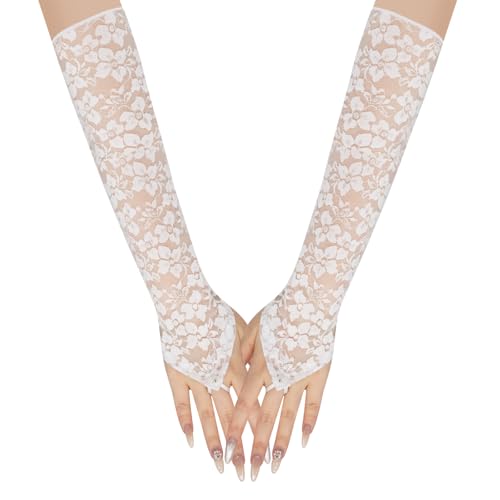 Long Keeper Elegant Floral Lace Gloves Women Elbow Length Fingerless Long Gloves for Bridal Opera Evening Wedding Party Prom (White One Size)