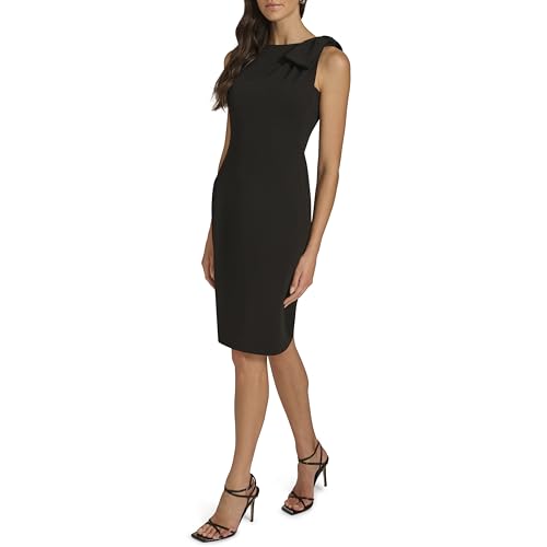 Image of Calvin Klein Women's Sleeveless Bow Shoulder Detail Knee Length Crepe Sheath Dress