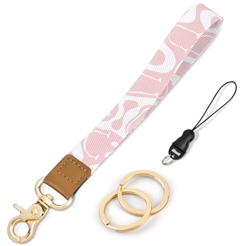 Knagsfa Wristlet Keychain, Cute Wrist Lanyards for Keys Wrist Keychain Strap for Women Wallet, Phone, ID Badges, Pink Smile