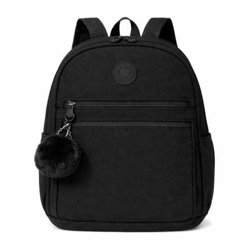 Mochila Pequena Feminina em Tactel com Pompom Premium Impermeável, Leve e Resistente, Design Moderno com Zíper Reforçado, Mochilinha de Nylon Resistente a Água (Preta)