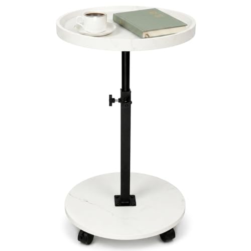 ESTUWD Beistelltisch Rund mit Rollen | Beistelltisch Höhenverstellbar (45-80cm) | Runde Beistelltische Holz Haben 360° Rotierend Nussbaum Finish | Couchtisch Klein für Wohnzimmer Sofa Couch (Weiß)