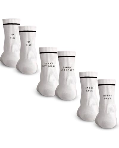 Weiße Crew Socks 3-er Set aus Baumwolle • Herren & Damen Retro Tennis-Socken • Atmungsaktiv • Weiße Socken mit Sprüchen • Lustige Socken (DE/NL/SE/PL, Numerisch, 35, 40, Regular, Regular)