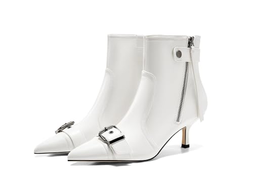 Coutgo Womens Kitten Heel Ankle Boots Pointed Toe Buckle Side Zipper Tassel Fall Winter Booties Shoes, Creamy-white, Size 8.5