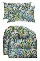 RSH Décor Indoor Outdoor Blue Prints - 2 U-Shape Wicker Cushions & 2 Lumbars Weather Resistant - Choose Color (Copeland Caribe Blue Teal Yellow Floral)