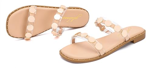 Image of geluboao Sandals for Women 2025 Open Toe Two Band Slip On Slides Fashion Metal Circular Flat Sandals for Summer Size 6-11