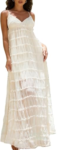 Image of Yiulangde Women's Backless Smocked Summer Long Dress White Ruched Flowy Vacation Maxi Dress Sexy Tie Side Cut Out Beach Sun Dress Y2k Open Back Casual Sundress
