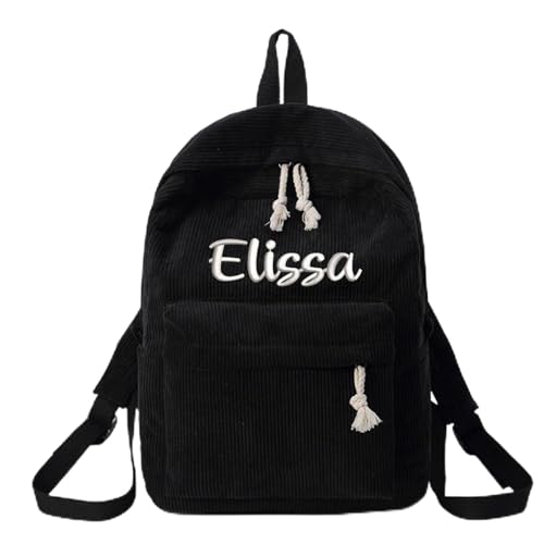 Personalized Corduroy Backpack Casual College Backpack Lightweight Travel Backpack Custom Embroidery School Backpack with Name Laptop Backpacks College Shoulder Bag (black,custom)