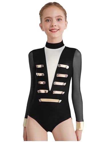 Eandarui Gymnastikanzug Mädchen Langarm Kinder Ballettanzug Stehkragen Tanzbody Mesh Patchwork Turntrikot Mit Metallic Streifen Und Knöpfen Schwarz 134-140