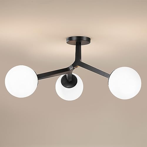 Image of Semi Flush Mount Ceiling Light Fixture 3-Light Black Modern Gold Chandelier with Globe Milky Frosted Glass Shade E12 Sputnik Ceiling Light for Kitchen, Hallway Light Fixtures Ceiling