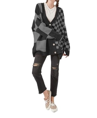 Women Slouchy Checkered Cardigan Oversized Open Front Cardigan Sweater Plaid Knit Outwear Coat Women's Cardigans
