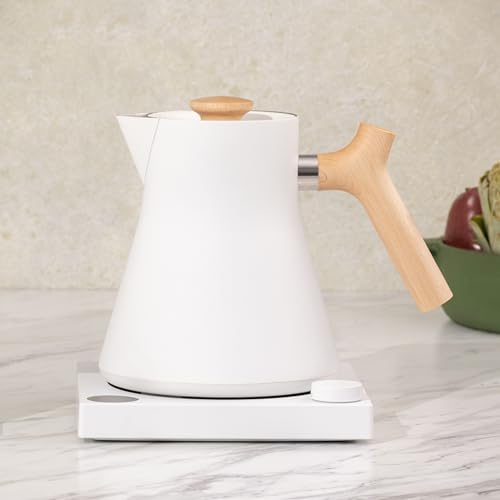 Image of Fellow Corvo EKG Electric Tea Kettle-Electric Pour Over Coffee and Tea Pot-Quick Heating Electric Kettles-Temperature Control & Built-In Brew Timer-Matte White with Maple Handle-0.9 Liter
