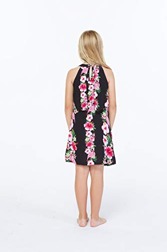 Girl Hawaiian Round Neck with Ruffle Dress in Pink Hibiscus Vine2