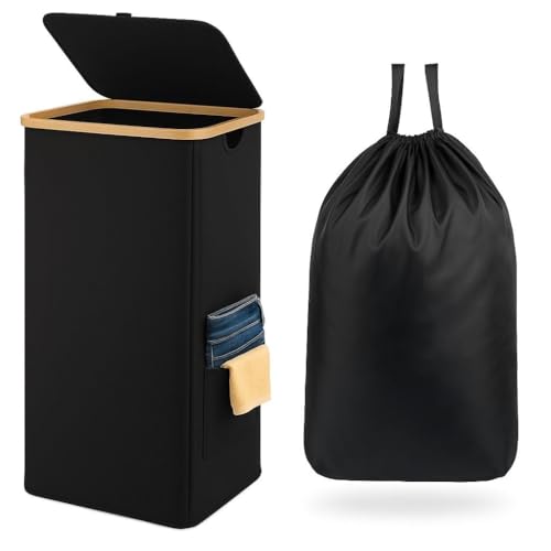 Pan Peer 100L Laundry Basket with Lid and Pocket Dirty Clothes Bin with Bamboo Handles and A Removable Laundry Bag Large Portable Laundry Hamper for Bedroom, Bathroom, Laundry Room (BLACK)
