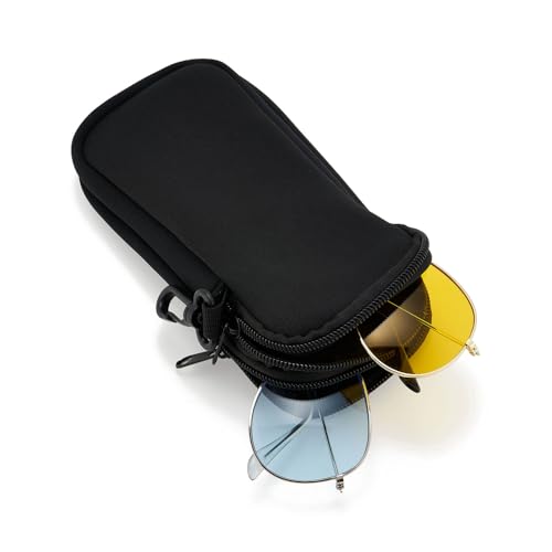 QIUTIMIY Sunglasses Soft Case Zipper Double Eyeglass Case with 2 Compartments 1 Belt Clip(Black)