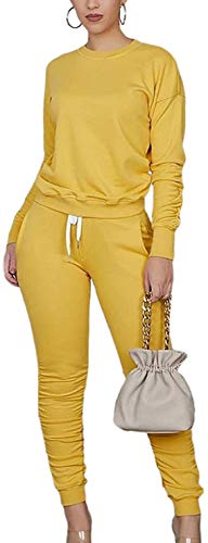 Women's 2 Piece Stacked Tracksuit Set Long Sleeve Pullover + Drawstring Ruched Pants Sweatpants Sport Outfits Sets,Yellow,Medium