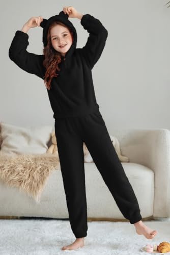 Image of Arshiner Girls 2 Piece Outfits Sweatsuit Fuzzy Long Sleeve Bear Ear Hoodie Sweatshirt and Sweatpant Kids Clothing Sets