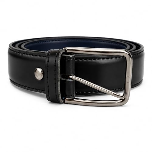 Image of Men's Leather Belt, Black, Silver-Tone Buckle, Stitched Edges, Formal Dress Style