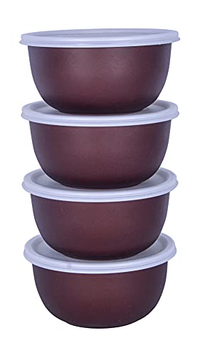 Image of Zaib Microwave Safe Stainless Steel Plastic Coated Euro Bowl Set of 4 for Re-Heating, Serving Snacks, Curries etc. 500 ML Each (Dark Brown)