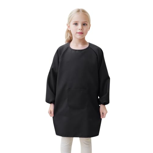 2025 - Delantal de artista infantil con bolsillo para niños, delantales de artista, bata de manga larga, camiseta S para niñas, Negro , 2-4 años