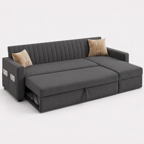 Image of CASASTYLE Kyagar 6 Person Seating RHS L Shape Sofawith Pull Out Bed & Storage Lounger | Premium Soft Velvet Suede Fabric | Comfort Cushions | Ideal for Living Room, Hotel & Office (Dark Grey)