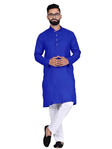 Image of Pinkmint Kurta for Men Cotton Mandarin Collar Long Sleeve Soild Traditional Kurta Festival Kurta