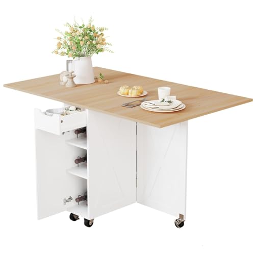 BHAODEAL Folding Dining Table with 6 Wheels, Drop Leaf Tables