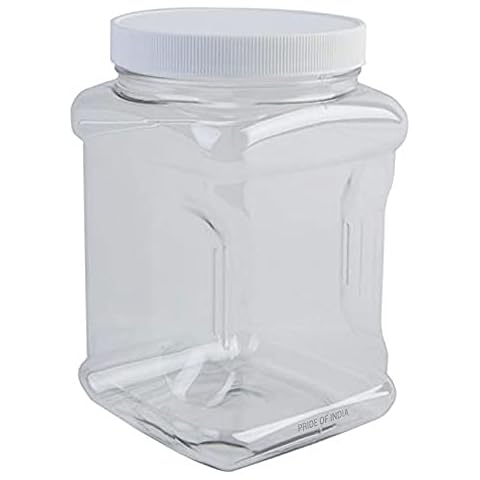 Pride Of India Clear Food Grade PET Plastic Square Grip Storage Jar w/Cap | 64 Fluid Ounces 7-8 Cup Storage Capacity | BPA Free USA Made Cover