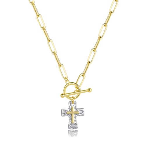 Chunky Cross Necklace for Women, 14K Gold/Silver Plated Statement Paperclip Chain Double Cross Pendant Necklaces Non Tarnish for Faith Religious Christian Jewelry Gifts