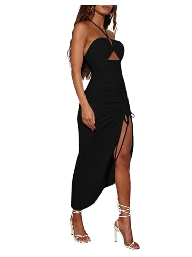 Image of SOLY HUX Women's Cut Out Ruched Halter Dress High Split Drawstring Bodycon Maxi Vacation Dresses