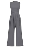PRETTYGARDEN Womens Summer Jumpsuits Dressy Casual One Piece Outfits Sleeveless Mock Neck Wide Leg Pants Rompers with Pockets (Grey,Medium)