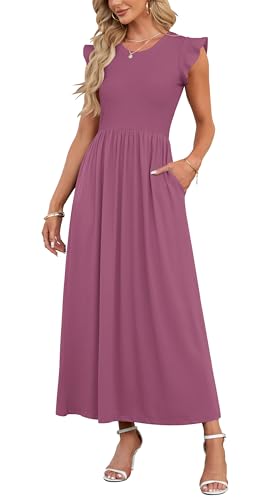 AUSELILY Robe D'été Col Rond à Manches Courtes avec Poches Jupe de Fête Bleu Élégante Robe Longue Taille Haute Élastique(Rose Pourpre, M)