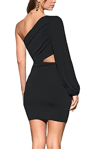 Lyaner Women's One Shoulder Cutout Long Sleeve Bodycon Cocktail Party Mini Dress Black Solid Large #TOP1