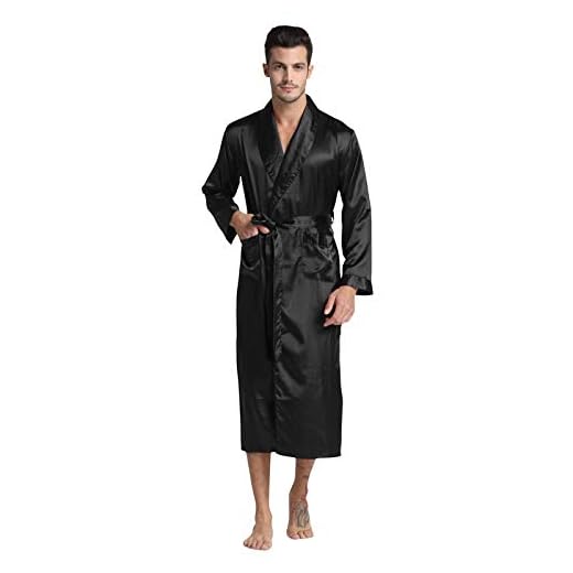 Badrock Herr Silkesatin Badrock Robe Lång Solid siden Pyjamas Herr Silke Nattklänning Nattkläder Kimono Homme morgonrock M Svart
