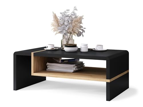 Folk Couchtisch Schwarz matt / Eiche Gold 100x60x40 cm mit praktischer extra Ablage modern stabil vielseitig als Wohnzimmertisch Beistelltisch Sofatisch zeitloses Design platzsparend Wohnzimmer – Bild 4