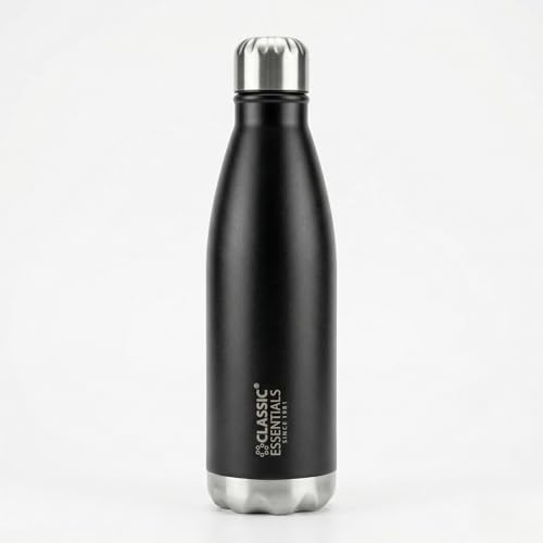 Image of CLASSIC ESSENTIALS Insulated Double Wall Vacuum Stainless Steel Water Bottle 24 Hours Hot and Cold,BIS Approved,100% Leakproof Lid,Sweat Proof Water Bottles, Great for Travel Picnic (Black-1000ml)