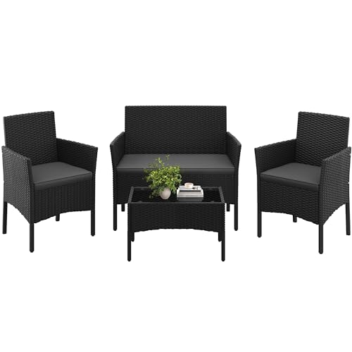 Yaheetech Salon de Jardin Extérieur, tressée Canapé 2 Places 2 Fauteuil Salon et 1 Table de Jardin, Coussins Inclus, Mobilier de Jardin pour Amenagement Balcon Terrasse Veranda, 4 Pièces