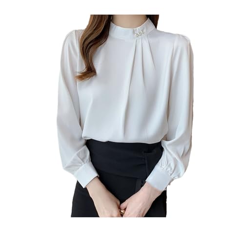 Women's Satin Business Blouses Long Sleeve Beading Stand Collar Workwear Office Shirt