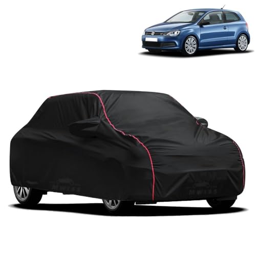 Image of Waterproof Car Cover for Volkswagen Polo GT | All-Weather Protection, Dustproof & UV Resistant | Triple Stitched Mirror Pockets, Windproof Buckle Strap with Elastic Hem, Black-Red Piping