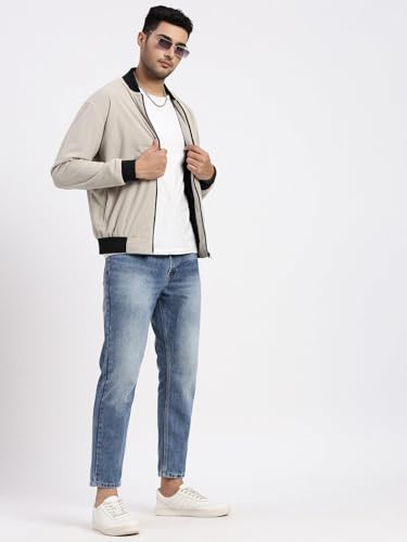 Image of SHOWOFFFF Men Solid Bomber Jacket | Mandarin Collar Full Sleeves Corduroy Jacket for Mens | Slim Fit Regular Length Jacket for Men's