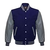 KU CLOTHING Top New Men's Varsity Jacket Navy Wool Grey Leather Sleeves Baseball School Collage Jacket (US, Alpha, Large, Regular, Regular, Navy/Grey)