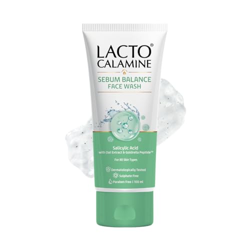 Image of Lacto Calamine Sebum Balance Face Wash| 2% Salicylic Acid, Oat Extract & Goldrella Peptide| Helps reduce acne & soothe irritation| 100 ml