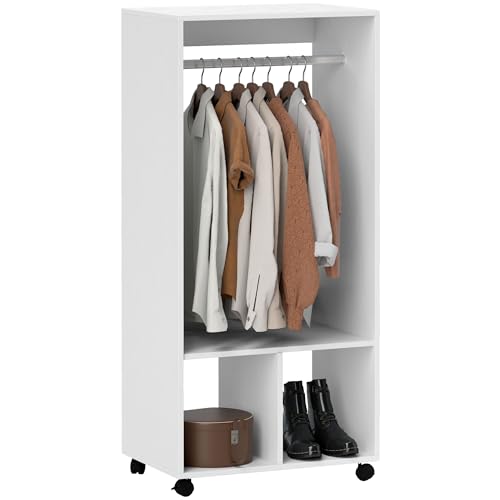 HOMCOM Mobiler Kleiderschrank Garderobe Schrank mit Regal 4 Schwenkräder für Wohnzimmer Schlafzimmer, Aluminiumlegierungen, 60 x 40 x 127 cm, Weiß