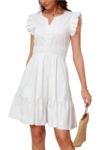 Image of Jayscreate Women's Ruffle Sleeve Layered Dress Pockets Elastic Waist 2025 V Neck Above Knee Summer Casual Cute Dress