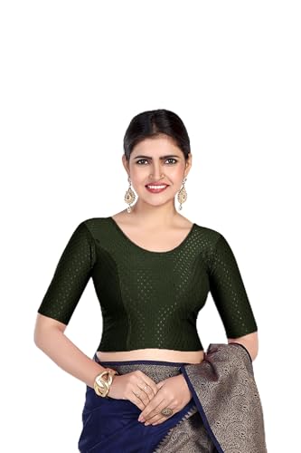 Image of FINESTFIT Round Neck Stretchable Elbow Sleeve Readymade Saree Blouse for Women, 100% Cotton Dobby Fabric
