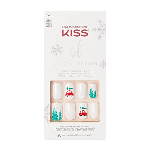 KISS Special Design Limited Edition Holiday Fake Nails, Style ‘Holiday Shopping’, Multi-Colored Medium Square, with 24 Adhesive Tabs, Nail Glue, Mini File, Manicure Stick & 28 False Nails